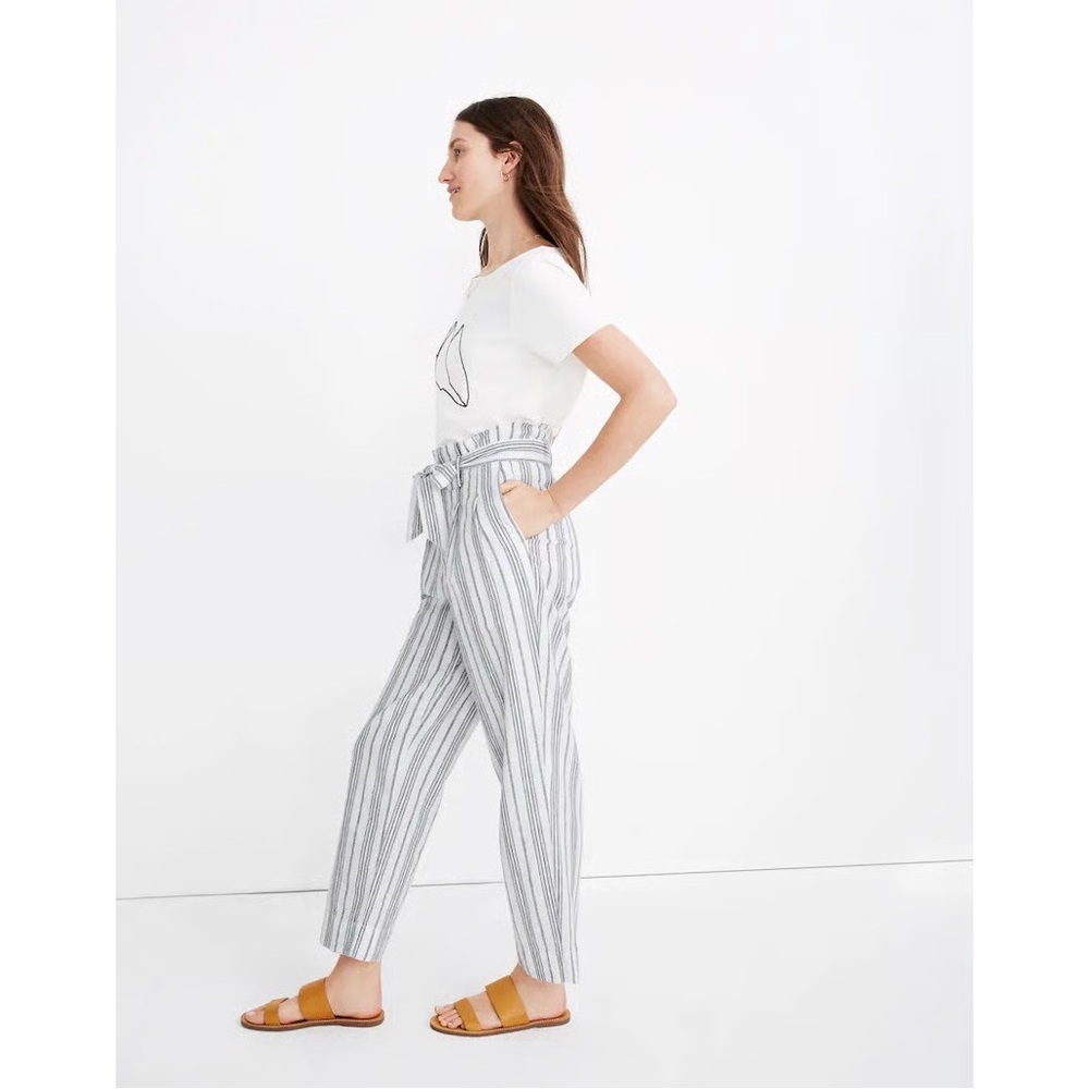 Madewell Linen-Cotton Paperbag Pants in Dark Baltic Stripe Size 12